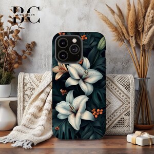 Tropical Lily Dark Floral, iPhone Tough Case 11, 12, 13, 14, 15, 16 Pro Max Plus Samsung Galaxy | Victorian Gothic Floral, Glossy or Matte