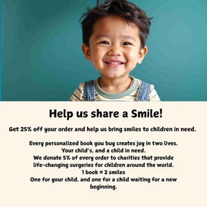 May include: A smiling child with dark hair wearing a striped shirt and denim overalls. The image includes the text "Help us share a Smile!" and details about donating to children in need.