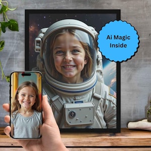 May include: A framed print of a smiling child in an astronaut suit, with a phone displaying the same child. A blue bubble with the text "Ai Magic Inside" is in the upper right corner. The image is on a wooden surface.