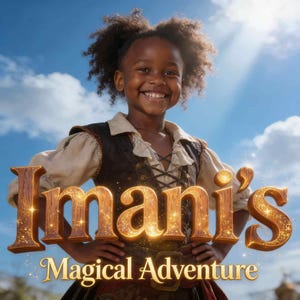 May include: A young girl smiles, wearing a tan blouse and a dark brown vest, against a blue sky with clouds. The text "Imani's Magical Adventure" is displayed in gold, sparkling letters.