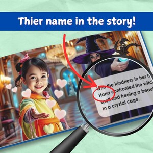 May include: A children's book illustration with the text "Thier name in the story!". The image shows a young girl smiling, with hearts floating around her. A witch is visible in the background. The text reads "Hana confronted the witch".