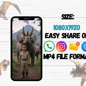May include: A digital image on a smartphone featuring a child in a safari outfit standing in front of a large dinosaur. The image includes the text "SIZE: 1080X1920" and "EASY SHARE ON:" with social media icons. The file format is MP4.