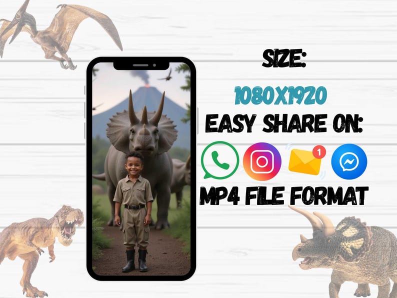 May include: A digital image on a smartphone featuring a child in a safari outfit standing in front of a large dinosaur. The image includes the text "SIZE: 1080X1920" and "EASY SHARE ON:" with social media icons. The file format is MP4.