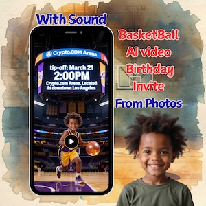 Puede incluir: Una invitación digital para una fiesta de cumpleaños con temática de baloncesto. La imagen muestra a un niño jugando al baloncesto en una cancha, con el texto "Basketball, AI video, Birthday Invite, From Photos". La pantalla muestra el Crypto.com Arena.