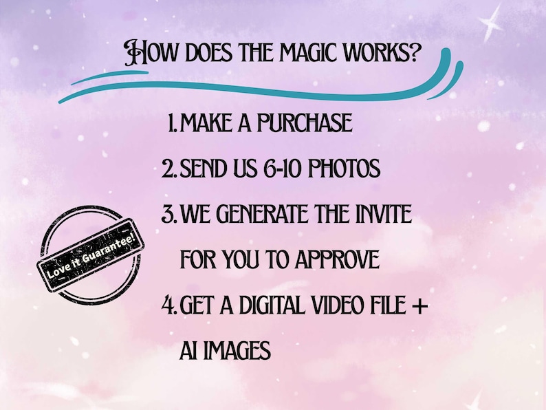 May include: A graphic with text on a pink and purple background. The text reads "How Does The Magic Works?" followed by numbered steps: Make a purchase, send photos, generate invite, and get a digital video file and AI images. A "Love it Guarantee!" stamp is also present.