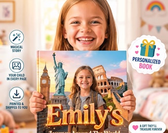 Libro per bambini personalizzato con la foto del tuo bambino, libro di storie d'avventura personalizzato "Giro del mondo", regalo di compleanno per bambini come ricordo.