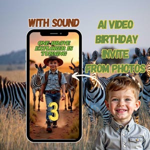 Puede incluir: Un diseño de invitación con un niño y cebras de fondo. La invitación está en la pantalla de un teléfono inteligente, con el texto "ONE BRAVE EXPLORER IS TURNING 3". Texto adicional dice "WITH SOUND" y "AI VIDEO BIRTHDAY INVITE FROM PHOTOS".