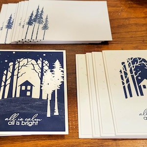 Boxed Set of 9 Handmade Christmas Cards – 3D Sparkling Winter Cabin Scene – Eco Friendly – All Is Calm – Holiday Gift – Glitter Die Cut