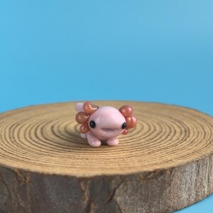 Op de afbeelding: Een kleine, roze axolotl-figuur met bruine kieuwen en zwarte ogen. Het beeldje staat op een ronde houten schijf tegen een blauwe achtergrond. De axolotl heeft een glimlachende uitdrukking en is een schattig, grillig ontwerp.