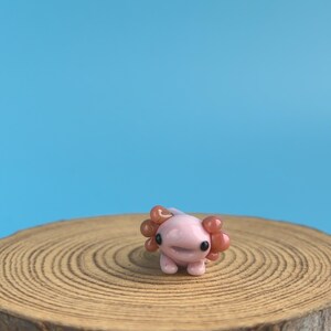 Op de afbeelding: Een kleine, roze axolotl-figuur met oranje kieuwen, geplaatst op een houten schijf tegen een blauwe achtergrond. De axolotl heeft kleine pootjes en zwarte ogen. Het beeldje heeft een glimlachende uitdrukking.