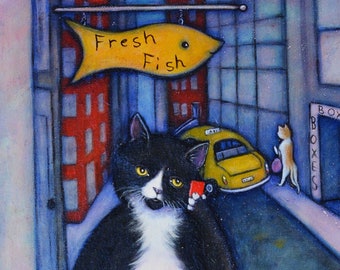 On My Way Home. Original Heidi Shaulis oil painting of Charlie tuxedo cat in the city