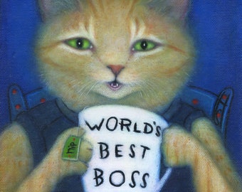 World's Best Boss. Buff ginger tabby notecards. Set of 5