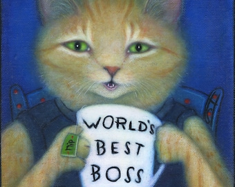 World's Best Boss. Heidi Shaulis original cat tabby oil painting.