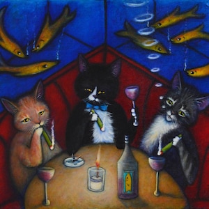 The Catnip Lounge. Charlie tuxedo cat art 8 x 10 print image 1