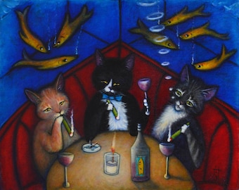 The Catnip Lounge. Charlie tuxedo cat art 8 x 10 print