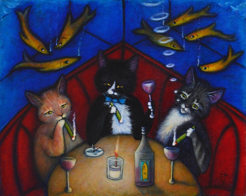 The Catnip Lounge. Charlie tuxedo cat art 8 x 10 print image 1