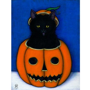 May include: A black cat wearing a carved orange pumpkin costume with a green stem. The cat is looking directly at the viewer with its mouth open. The pumpkin has a carved face with two eyes, a nose, and a wide grin.