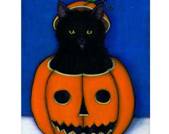 Black Cat Halloween art print. Jack OLantern