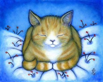 Ginger Tabby Cat in the Snow Christmas/Winter Holiday Cards. Set of 5