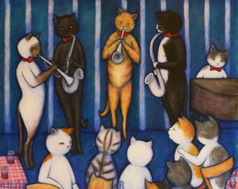 Catland Club. Original Heidi Shaulis oil painting of Charlie and cats at a jazz club