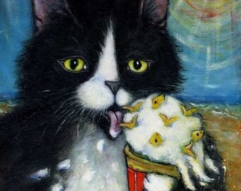 Tuxedo Cat art print. Charlie's Fishies 'n Cream