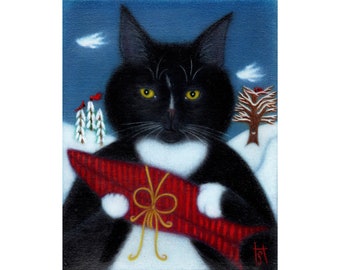 Gli auguri di buone feste di Pappi. Dipinto ad olio originale Heidi Shaulis Tuxedo Cat