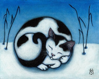 Black and White cat print from original painting. Peace.