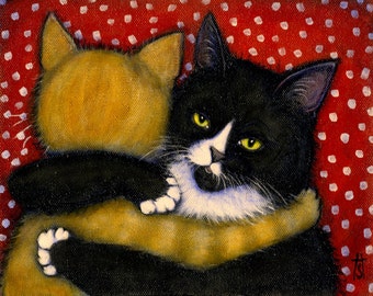 Tuxedo and Tabby cat print. Charlie and Willy in The Hug