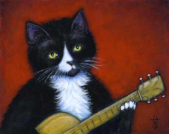 Tuxedo Cat art print. Charlie in Acoustic Cat