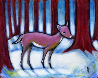 Pink Doe. original oil painting of a deer in a red forest