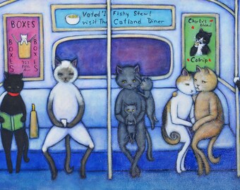 The C Train. Original Heidi Shaulis oil painting of Charlie and cats riding the subway