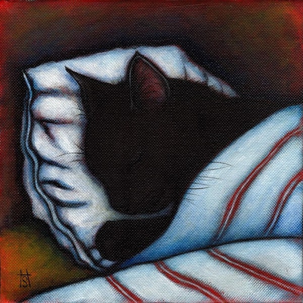Lámina artística "Siesta de gato negro": reproducción firmada de la pintura al óleo original.
