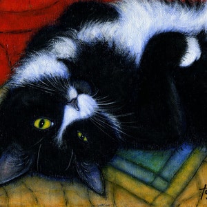 Tuxedo Cat art print. Charlie Winking