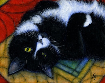 Tuxedo Cat art print. Charlie Winking