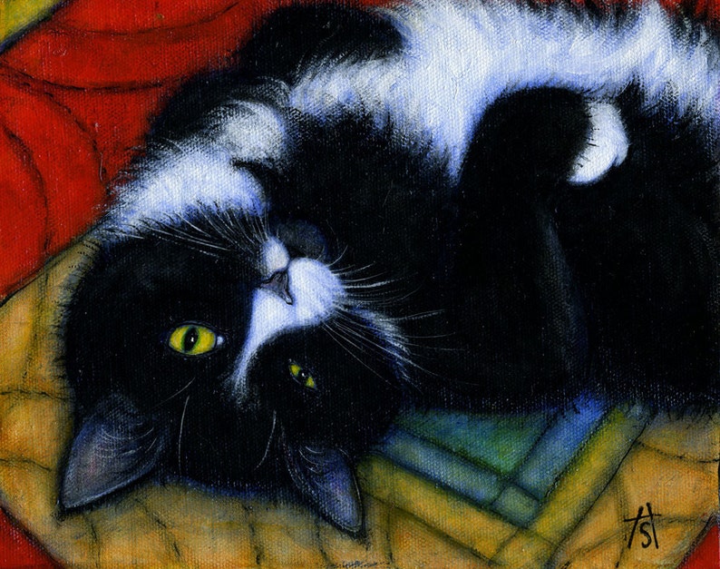 Tuxedo Cat art print. Charlie Winking image 1