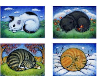 Set of 4 Cat art prints from paintings. The 4 Seasons.