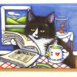 Breakfast with Charlie 2x3 Tuxedo Cat Refrigerator Magnet image 1