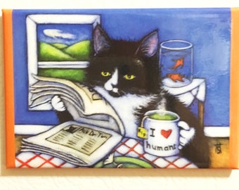 Breakfast with Charlie 2x3 Tuxedo Cat Refrigerator Magnet