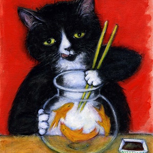 Tuxedo Cat art print. Charlie's Sashimi Time