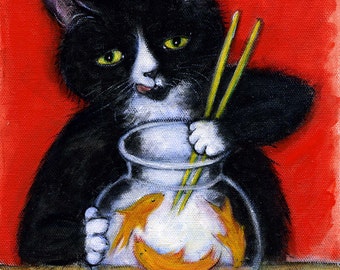Tuxedo Cat art print. Charlie's Sashimi Time
