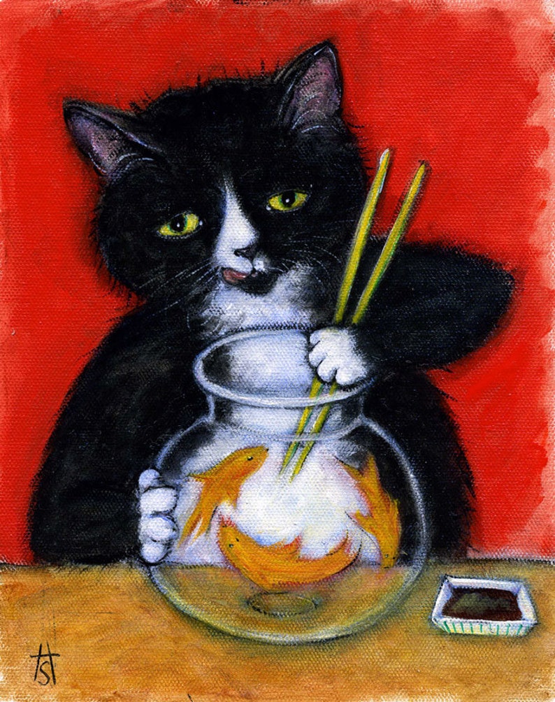 Tuxedo Cat Art Print. Charlie's Sashimi Time Etsy