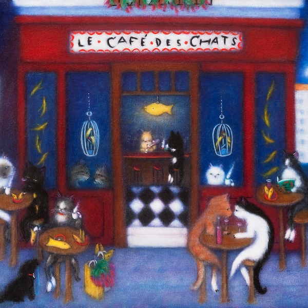 Le Cafe des Chats. Heidi Shaulis café gato 8 x 10 impresión