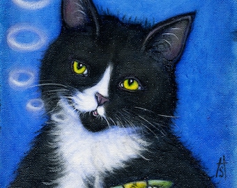 Tuxedo cat smoking catnip cigar print. Charlie's Catnip Cigar