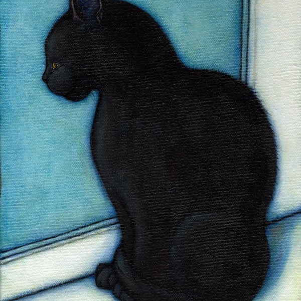 Gato Negro en la Ventana.  Impresión de 8 x 10