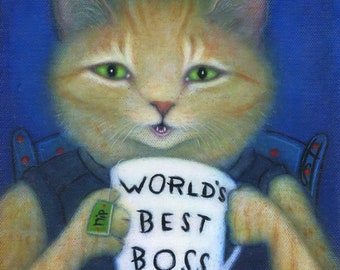 World's Best Boss.  8 x 10 buff ginger tabby cat print