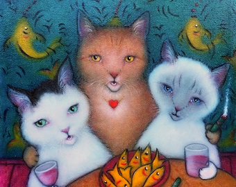 Girls Night Out.  Original Heidi Shaulis cat oil painting