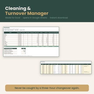 Può includere: Un modello di foglio di calcolo digitale intitolato Cleaning & Turnover Manager, progettato per Excel e Google Sheets. Presenta una tabella riassuntiva con dati mensili, monitoraggio del turnover e calcoli dei costi.