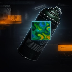 May include: A black spray paint can with a dark green nozzle. A square inset shows a close-up of a colorful, abstract design in shades of green, yellow, and blue. The can has a textured surface and is set against a dark background.