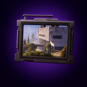 May include: A dark grey, retro-style television set with a handle and a screen showing a landscape with trees and a building. The TV has a rectangular shape with rounded corners and small buttons at the bottom.