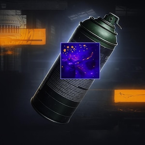 May include: Dark green spray paint can with a black nozzle. A small square inset shows a close-up of a purple and orange abstract design. The can is angled against a dark background with orange and yellow geometric shapes.